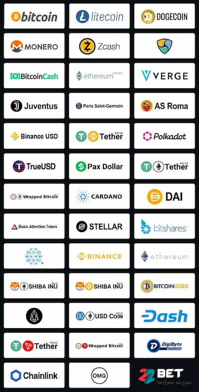 22bet cryptocurrency payment options